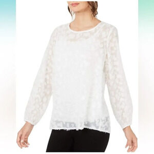 ALFANI | White Textured Semi-Sheer Long Sleeved Blouse | M